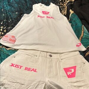 White and Pink 'Just Real' Tank Top and Shorts Set